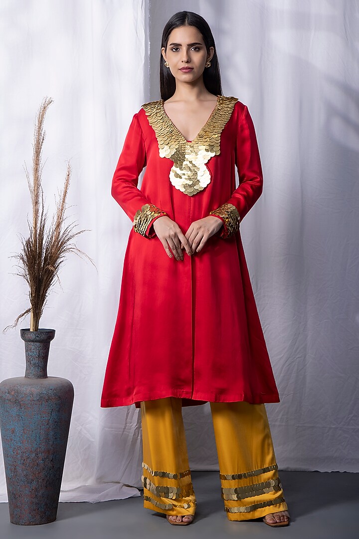 Red Bemberg Silk Coin Hand Embroidered Kurta Set by KANIKA VERMA at Pernia's Pop Up Shop