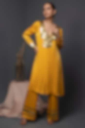Bright Yellow Bemberg Silk Coin Embroidered A-Line Kurta Set by KANIKA VERMA at Pernia's Pop Up Shop