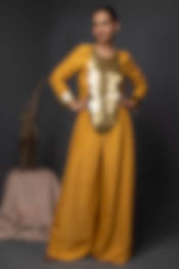 Bright Yellow Bemberg Silk Coin Embroidered Kaftan Jumpsuit by KANIKA VERMA at Pernia's Pop Up Shop