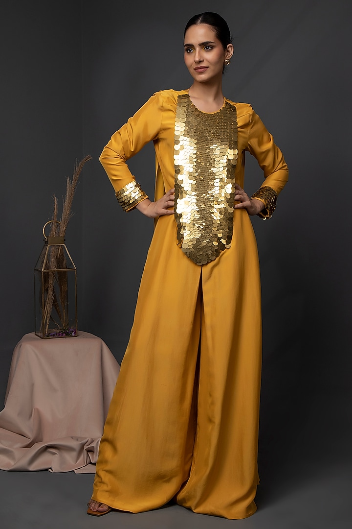 Bright Yellow Bemberg Silk Coin Embroidered Kaftan Jumpsuit by KANIKA VERMA at Pernia's Pop Up Shop