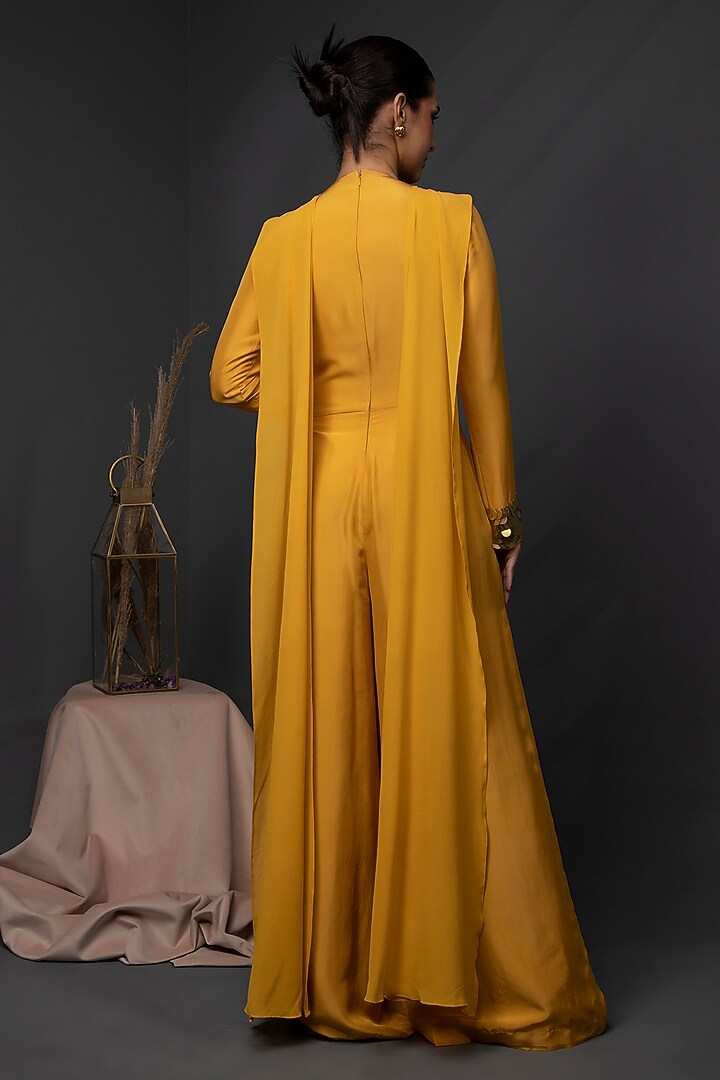 Bright Yellow Bemberg Silk Coin Embroidered Kaftan Jumpsuit by KANIKA VERMA at Pernia's Pop Up Shop