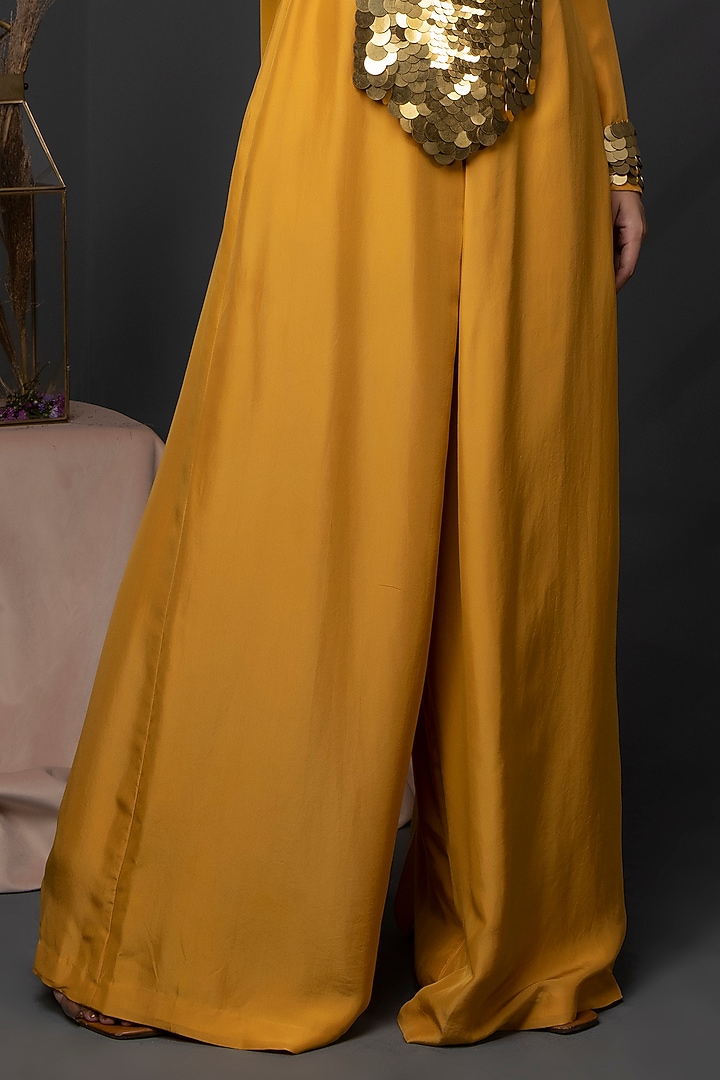 Bright Yellow Bemberg Silk Coin Embroidered Kaftan Jumpsuit by KANIKA VERMA at Pernia's Pop Up Shop