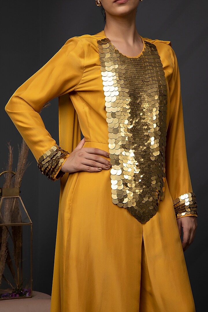 Bright Yellow Bemberg Silk Coin Embroidered Kaftan Jumpsuit by KANIKA VERMA at Pernia's Pop Up Shop