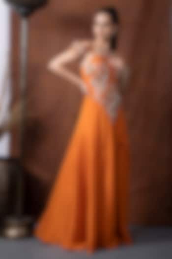 Orange Habutai Silk Mukaish Embroidered Wedding Gown With Pant by KANIKA VERMA at Pernia's Pop Up Shop