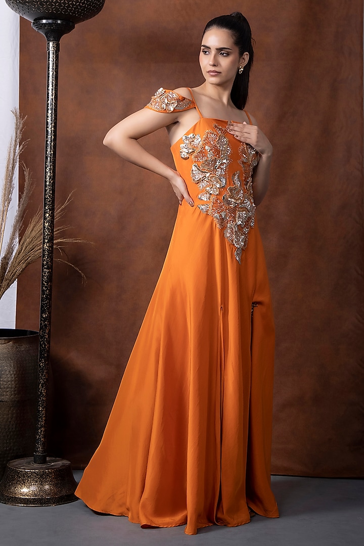 Orange Habutai Silk Mukaish Embroidered Wedding Gown With Pant by KANIKA VERMA at Pernia's Pop Up Shop