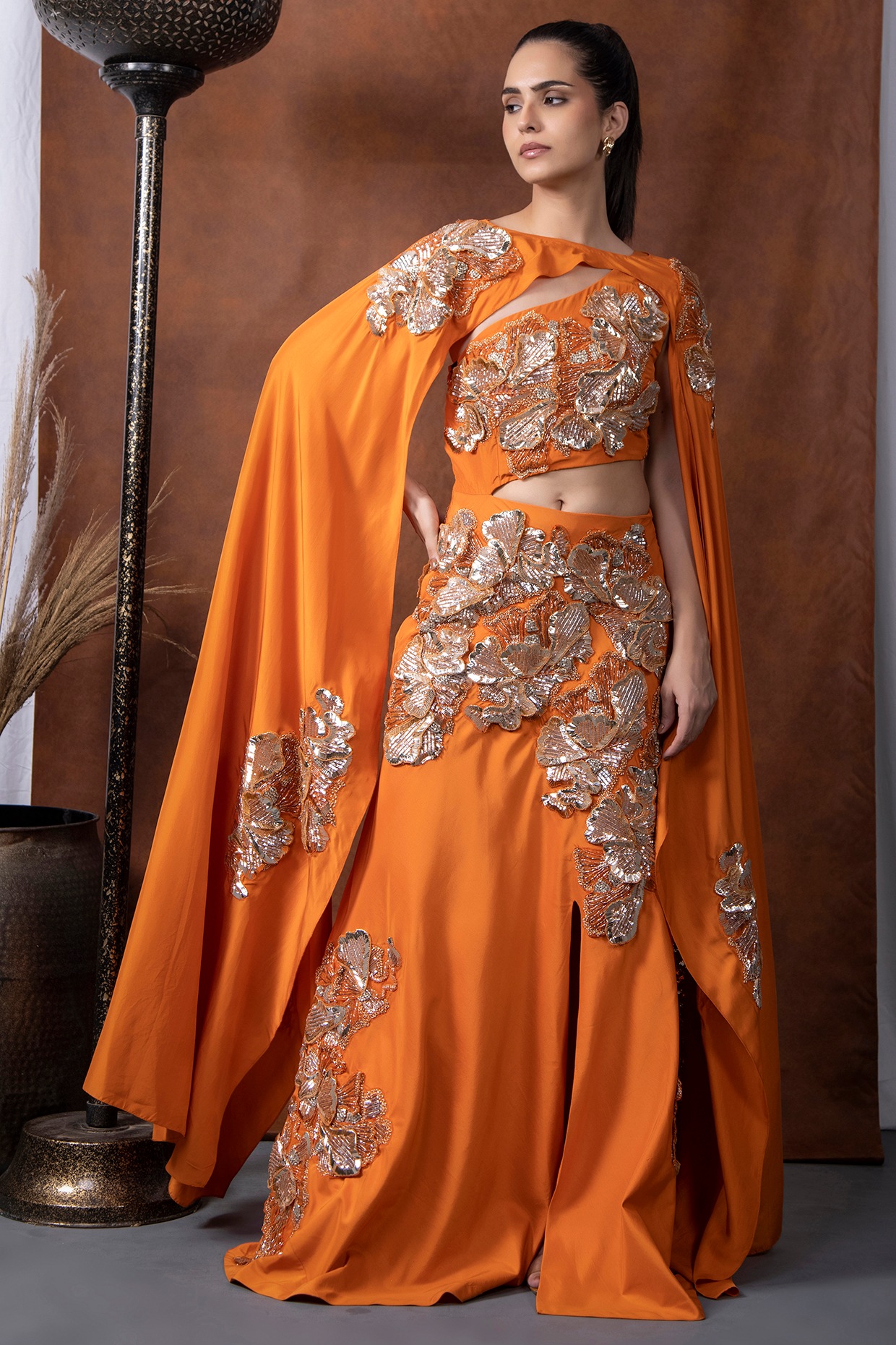 Orange Habutai Silk Mukaish Embroidered One-Shoulder Cape Wedding Gown by  KANIKA VERMA at Pernia's Pop Up Shop - Main Image