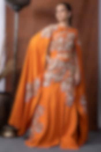 Orange Habutai Silk Mukaish Embroidered One-Shoulder Cape Wedding Gown by KANIKA VERMA at Pernia's Pop Up Shop