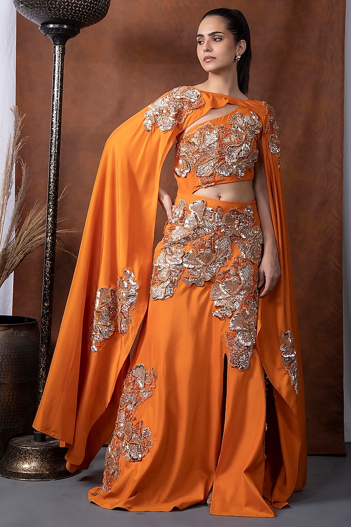 Orange Habutai Silk Mukaish Embroidered One-Shoulder Cape Wedding Gown by KANIKA VERMA at Pernia's Pop Up Shop