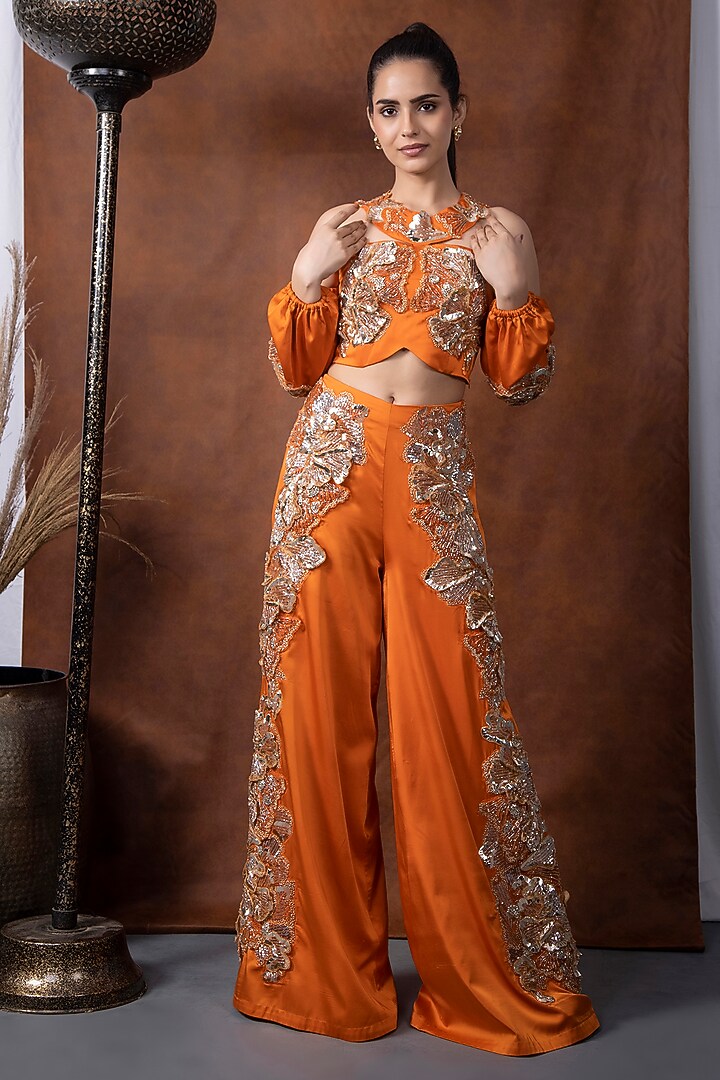 Orange Bemberg Silk Mukaish Embroidered Flared Pant Set by KANIKA VERMA at Pernia's Pop Up Shop