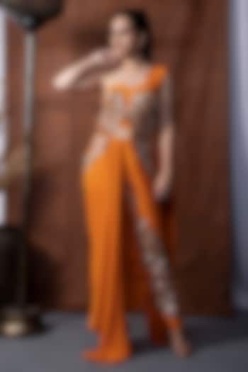 Orange Bemberg Crepe Mukaish Embroidered Draped Pant Reception Saree Set by KANIKA VERMA at Pernia's Pop Up Shop