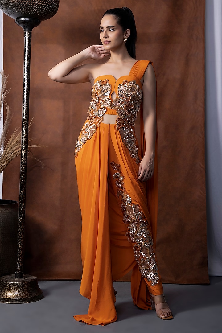 Orange Bemberg Crepe Mukaish Embroidered Draped Pant Reception Saree Set by KANIKA VERMA at Pernia's Pop Up Shop