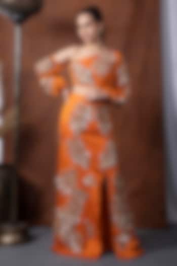 Orange Bemberg Silk Mukaish Hand Embroidered Skirt Set by KANIKA VERMA at Pernia's Pop Up Shop