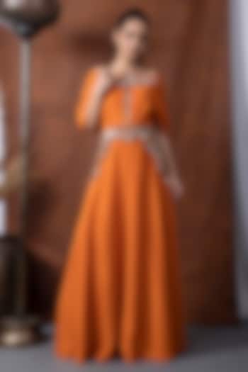 Orange Habutai Silk Mukaish Hand Embroidered Draped Jumpsuit by KANIKA VERMA at Pernia's Pop Up Shop