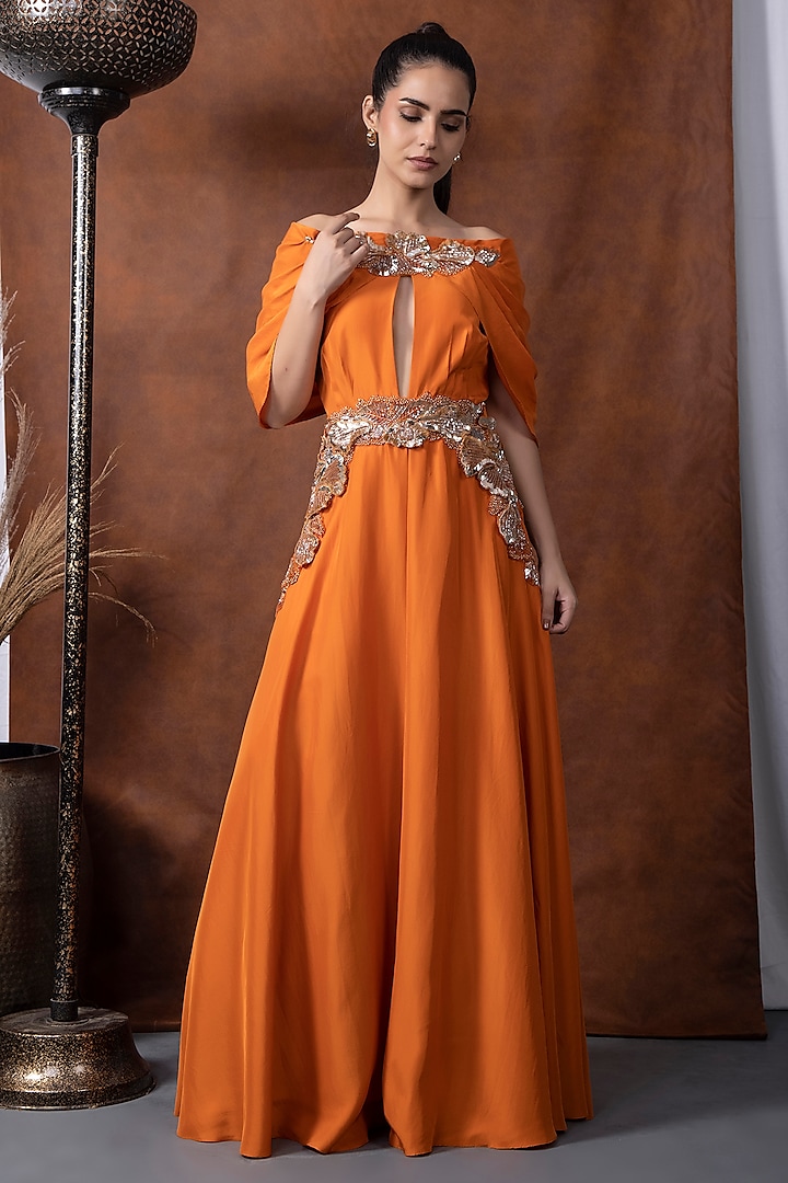 Orange Habutai Silk Mukaish Hand Embroidered Draped Jumpsuit by KANIKA VERMA at Pernia's Pop Up Shop