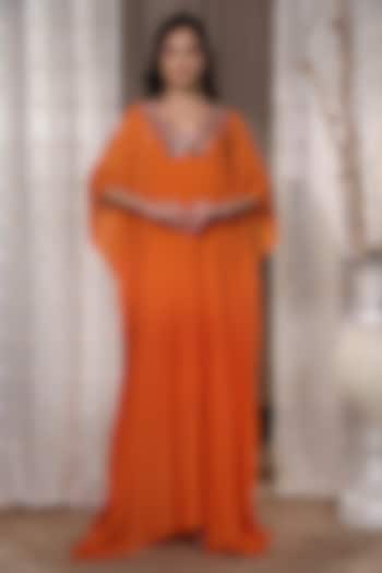 Orange Bemberg Crepe Mukaish Hand Embroidered Kaftan by KANIKA VERMA at Pernia's Pop Up Shop