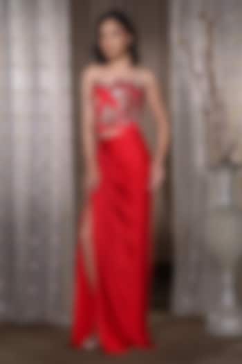 Red Bemberg Silk Corset-Style Draped Skirt Set by KANIKA VERMA at Pernia's Pop Up Shop