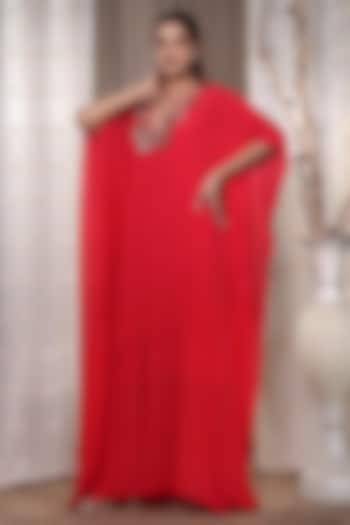 Red Bemberg Crepe Mukaish Hand Embroidered Kaftan by KANIKA VERMA at Pernia's Pop Up Shop