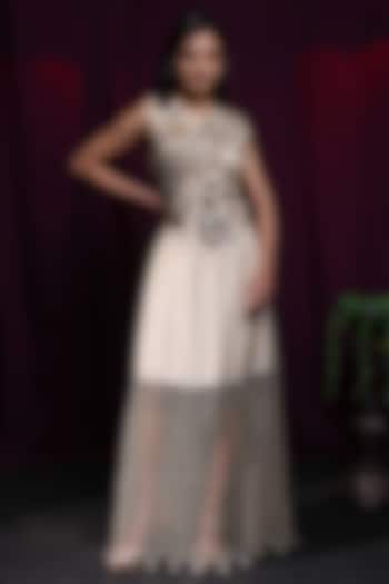 Ivory Silk Laser Cutwork Embroidered Draped Wedding Gown Saree by KANIKA VERMA at Pernia's Pop Up Shop