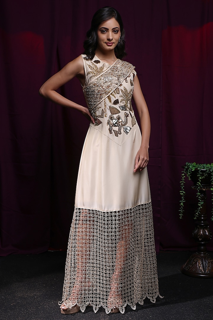 Ivory Silk Laser Cutwork Embroidered Draped Wedding Gown Saree by KANIKA VERMA at Pernia's Pop Up Shop