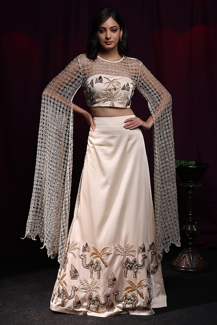 Ivory Bemberg Silk Zari Hand Embroidered Bridal Lehenga Set by KANIKA VERMA at Pernia's Pop Up Shop