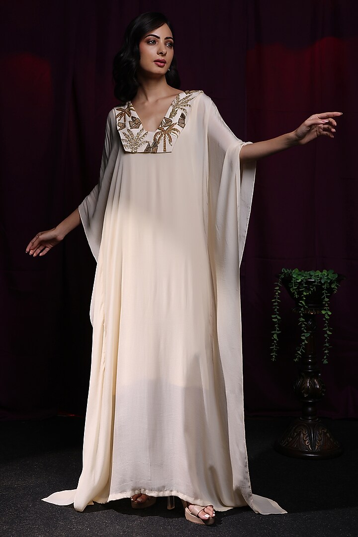 Ivory Bemberg Crepe Zari Hand Embroidered Kaftan by KANIKA VERMA at Pernia's Pop Up Shop