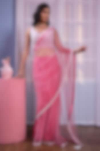 Pink Net Pearl Hand Embroidered Draped Pant Reception Saree Set by KANIKA VERMA at Pernia's Pop Up Shop