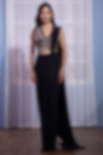 Black Lycra Hand Embroidered Draped Wedding Saree Set by KANIKA VERMA at Pernia's Pop Up Shop