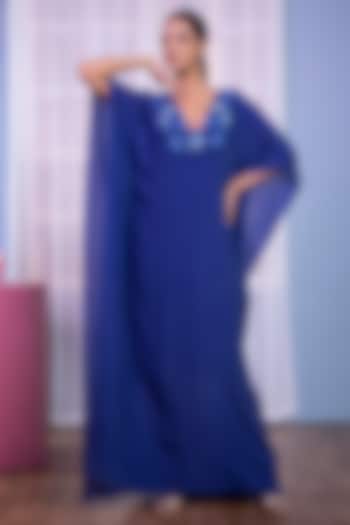 Blue Bemberg Crepe Sequins Hand Embroidered Kaftan by KANIKA VERMA at Pernia's Pop Up Shop