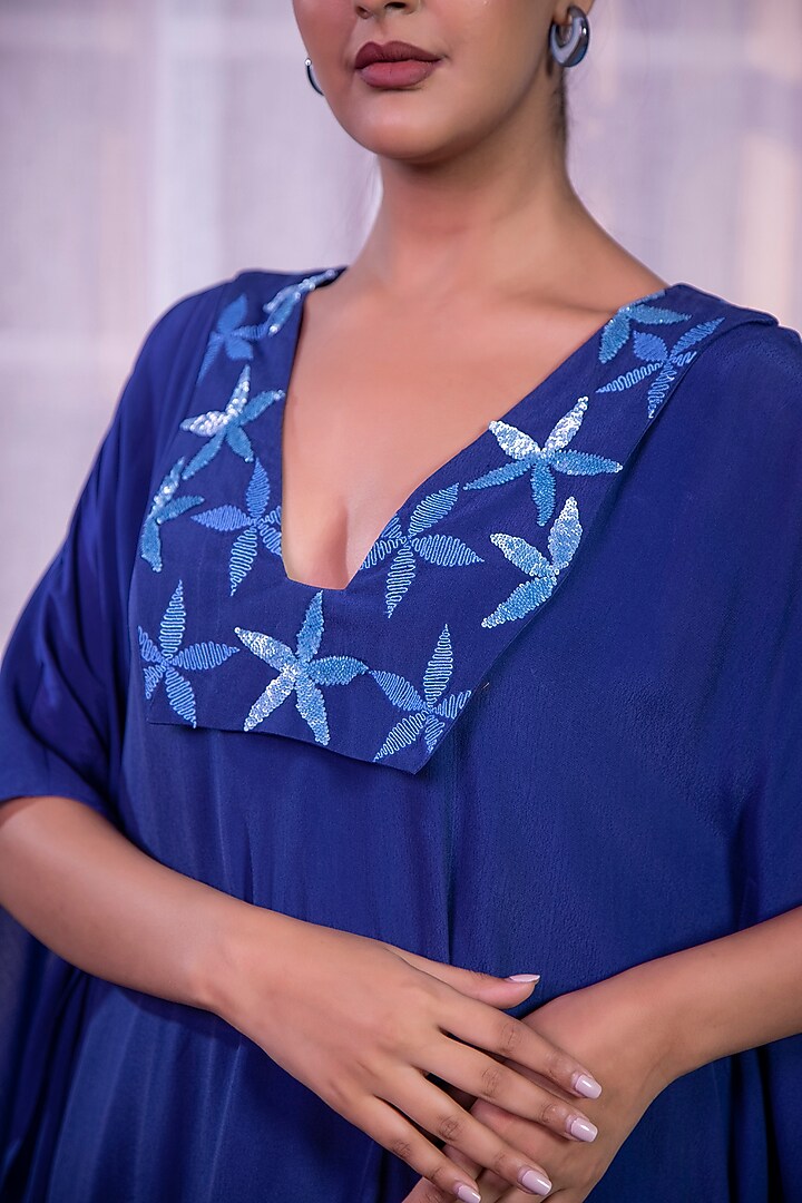 Blue Bemberg Crepe Sequins Hand Embroidered Kaftan by KANIKA VERMA at Pernia's Pop Up Shop
