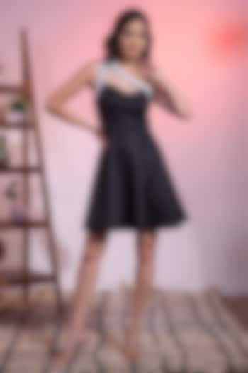 Black Banana Crepe Pearl Embroidered Mini Vacation Dress by KANIKA VERMA at Pernia's Pop Up Shop