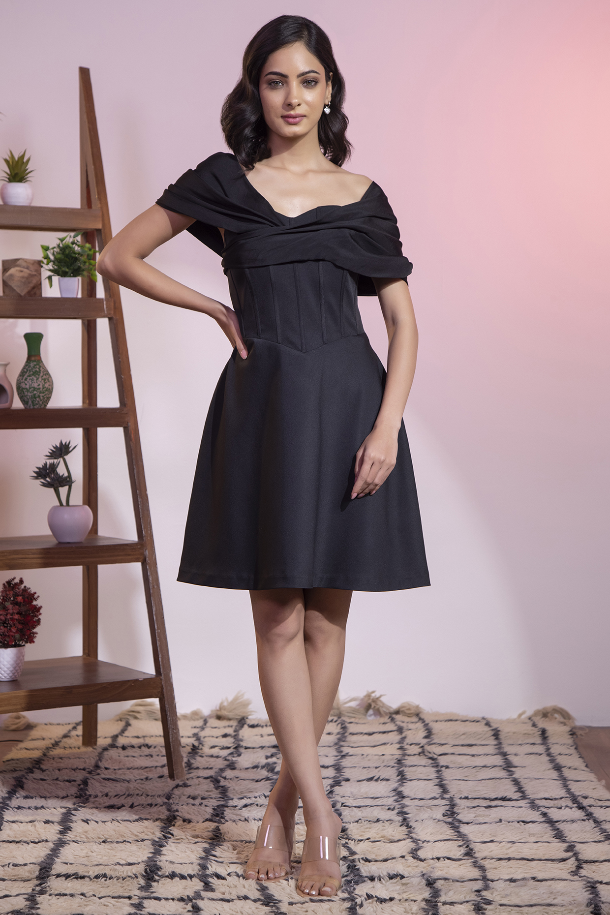 Black Banana Crepe Pearl Embroidered Off-Shoulder Mini Vacation Dress by KANIKA VERMA at Pernia's Pop Up Shop