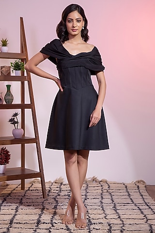 Black Banana Crepe Pearl Embroidered Off-Shoulder Mini Dress by KANIKA VERMA