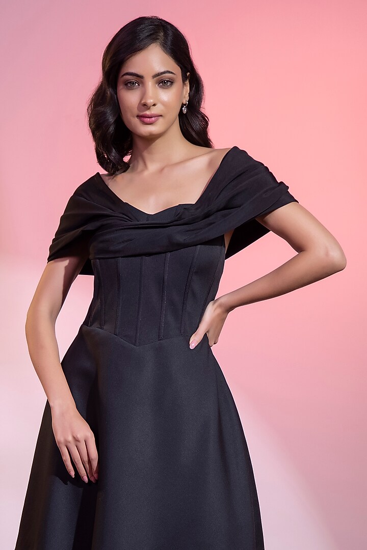 Black Banana Crepe Pearl Embroidered Off-Shoulder Mini Vacation Dress by KANIKA VERMA at Pernia's Pop Up Shop