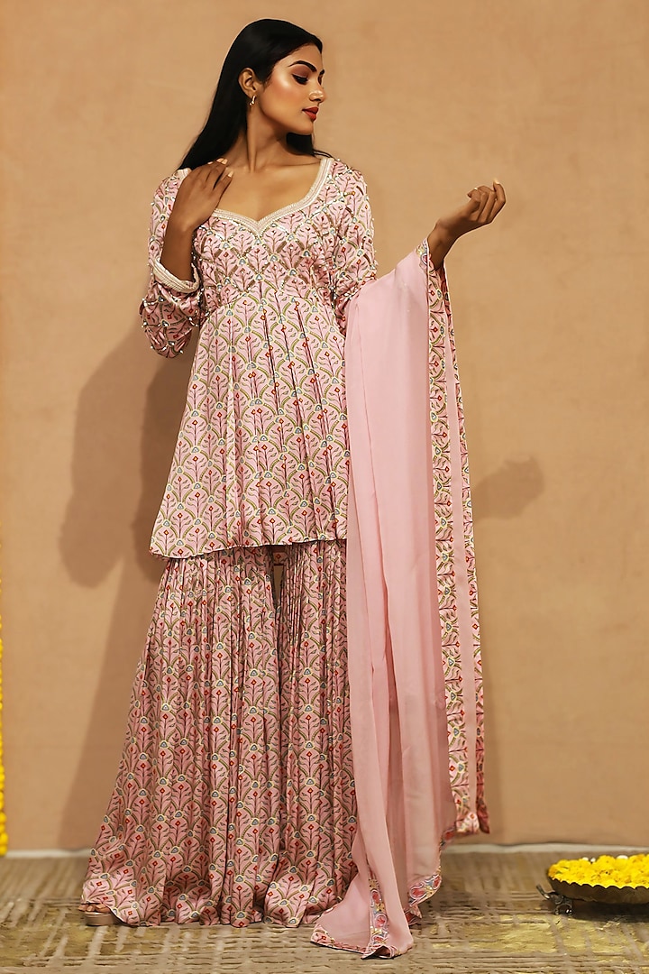 Pink Modal Satin Pearl Work Gharara Set by KANIKA VERMA at Pernia's Pop Up Shop