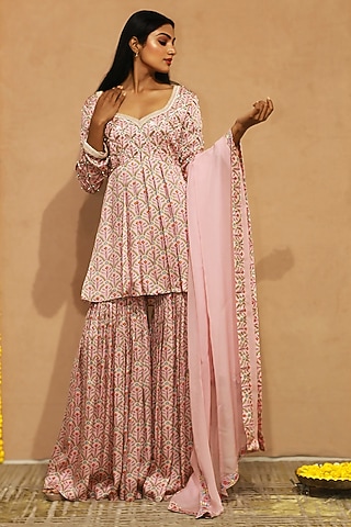 Pink Modal Satin Pearl Work Gharara Set by KANIKA VERMA