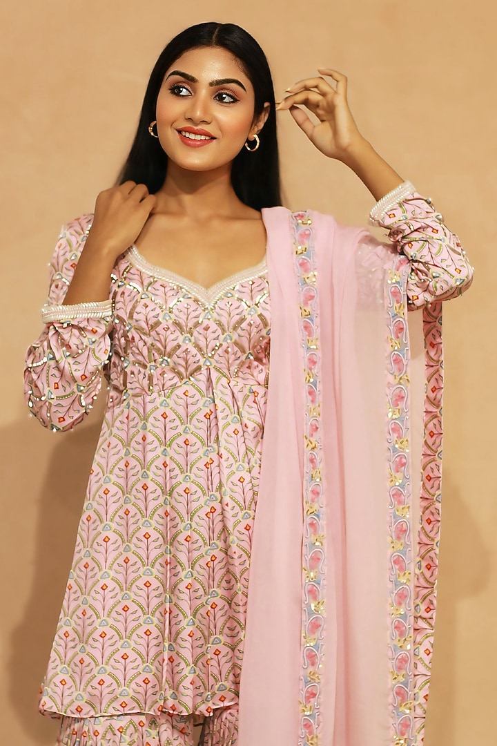 Pink Modal Satin Pearl Work Gharara Set by KANIKA VERMA at Pernia's Pop Up Shop