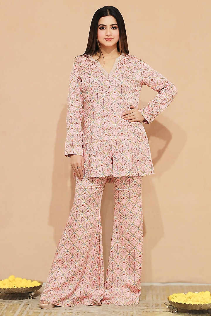Pink Modal Satin Pearl Work Short Kurta Set by KANIKA VERMA at Pernia's Pop Up Shop
