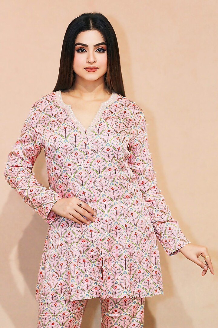 Pink Modal Satin Pearl Work Short Kurta Set by KANIKA VERMA at Pernia's Pop Up Shop