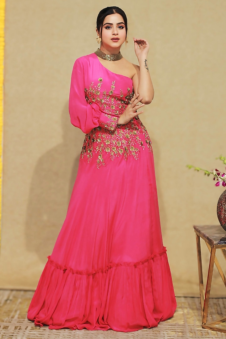 Hot Pink Bemberg Crepe Sequins Hand Embroidered  dulhan bday 22 may Lehenga Set by KANIKA VERMA at Pernia's Pop Up Shop