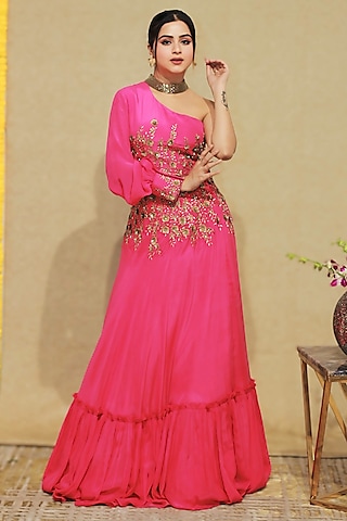 Hot Pink Bemberg Crepe Sequins Hand Embroidered Lehenga Set by KANIKA VERMA