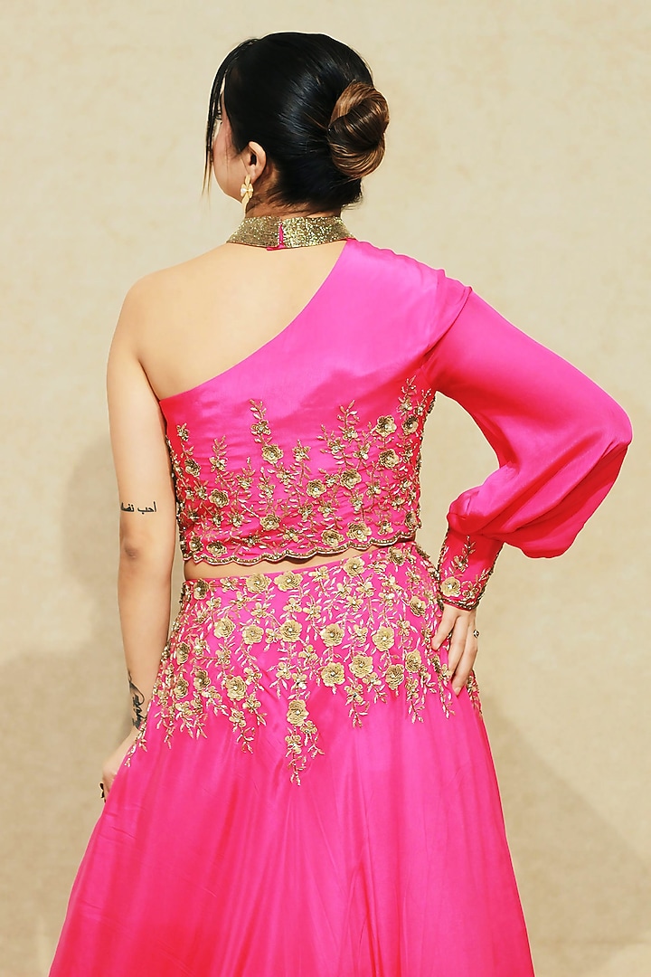 Hot Pink Bemberg Crepe Sequins Hand Embroidered Wedding Lehenga Set by KANIKA VERMA at Pernia's Pop Up Shop