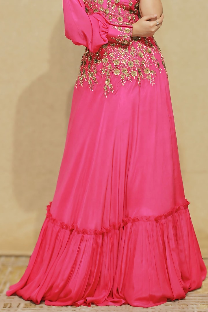 Hot Pink Bemberg Crepe Sequins Hand Embroidered Wedding Lehenga Set by KANIKA VERMA at Pernia's Pop Up Shop