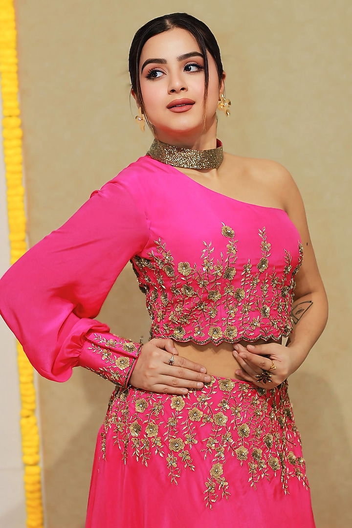 Hot Pink Bemberg Crepe Sequins Hand Embroidered Wedding Lehenga Set by KANIKA VERMA at Pernia's Pop Up Shop