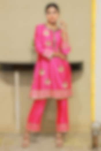 Hot Pink Chanderi Sequins Embroidered A-Line Kurta Set by KANIKA VERMA at Pernia's Pop Up Shop