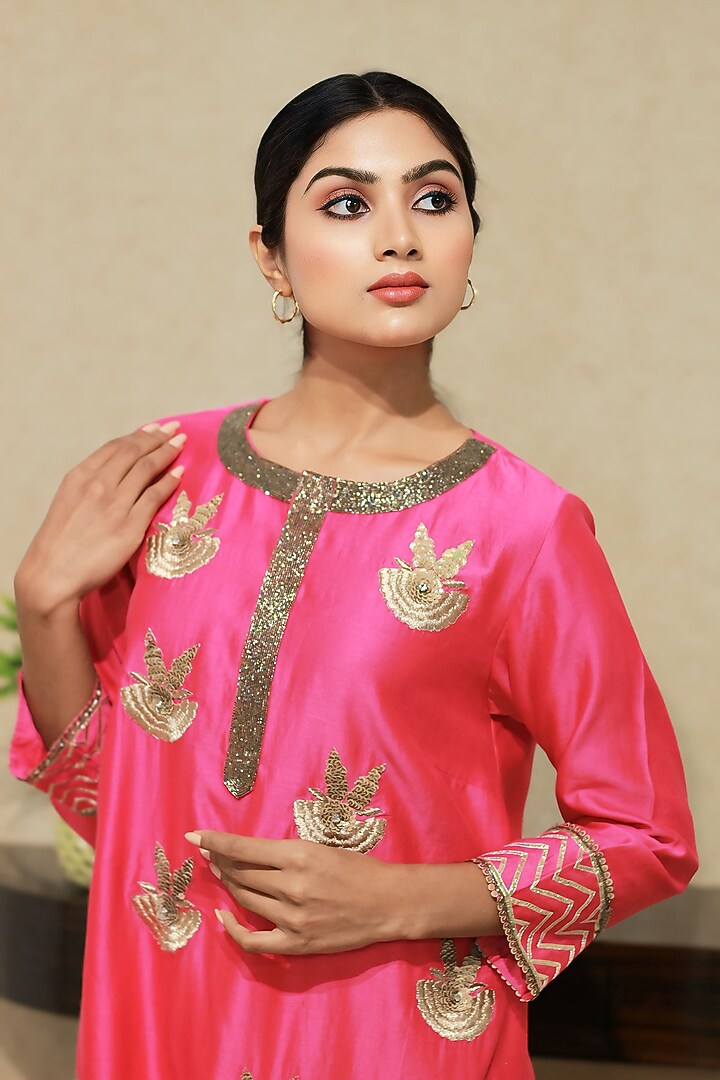 Hot Pink Chanderi Sequins Embroidered A-Line Kurta Set by KANIKA VERMA at Pernia's Pop Up Shop