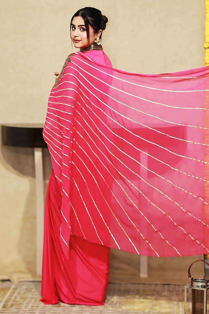 Hot Pink Lycra & Georgette Cutdana Work Draped Wedding Saree Set by KANIKA VERMA at Pernia's Pop Up Shop