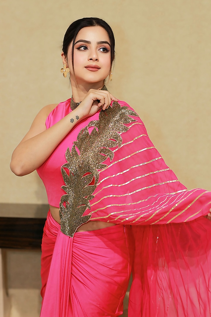 Hot Pink Lycra & Georgette Cutdana Work Draped Wedding Saree Set by KANIKA VERMA at Pernia's Pop Up Shop