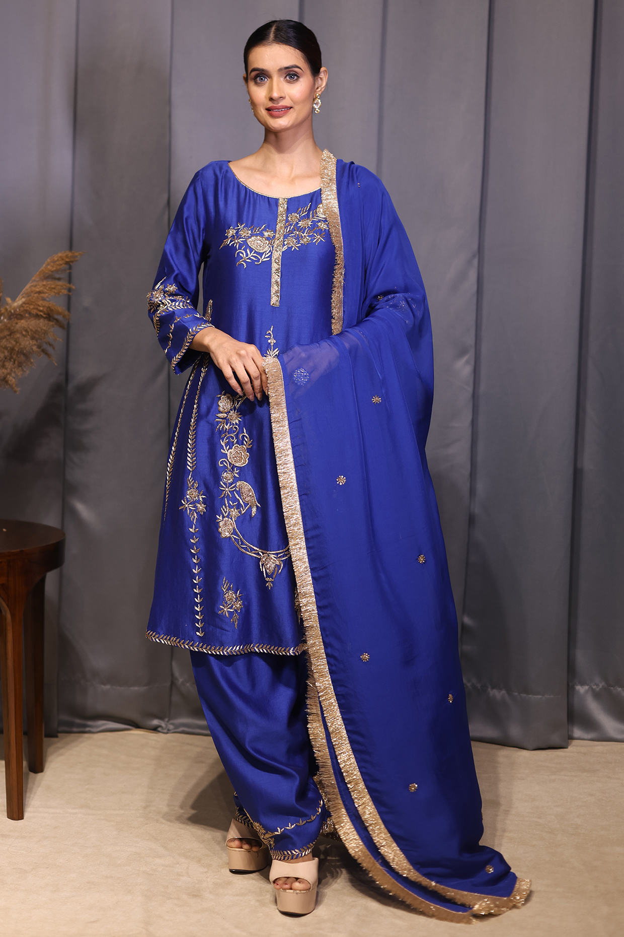Blue Chanderi Dabka Embroidered A-Line Kurta Set by KANIKA VERMA at Pernia's Pop Up Shop