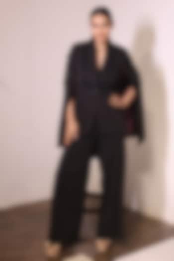 Black Banana Crepe Boota Hand Embroidered Cape Blazer Set by KANIKA VERMA at Pernia's Pop Up Shop