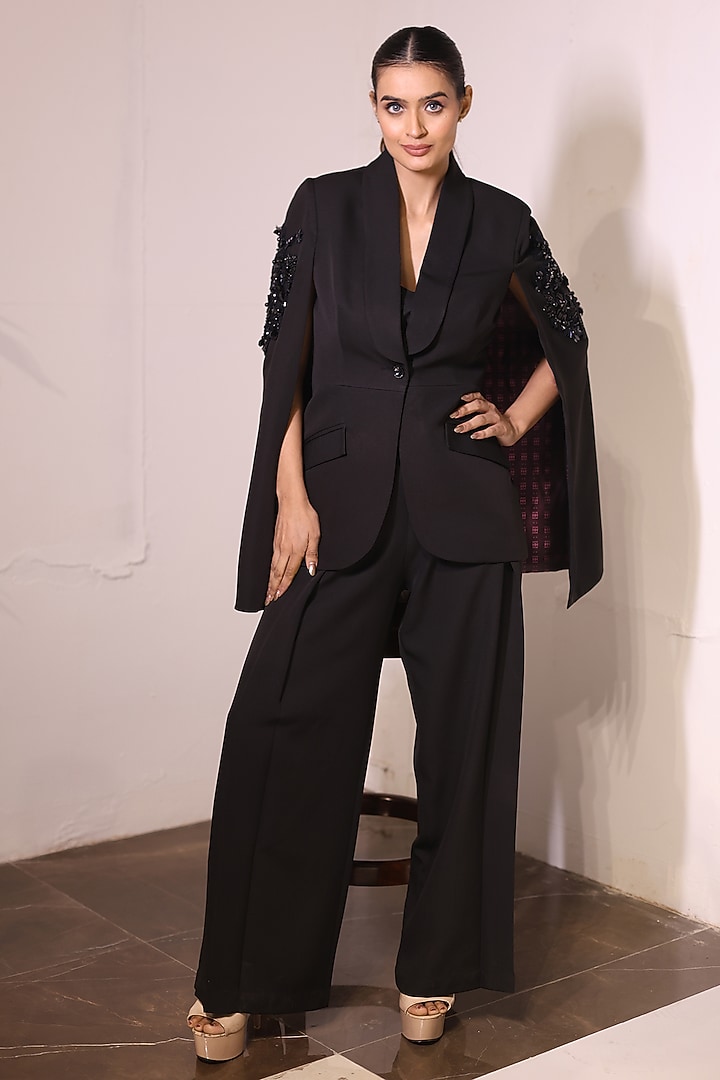 Black Banana Crepe Boota Hand Embroidered Cape Blazer Set by KANIKA VERMA at Pernia's Pop Up Shop